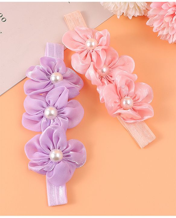 Babyhug Free Size Headbands With Floral Applique & Pearl Detailing - Purple & Pink