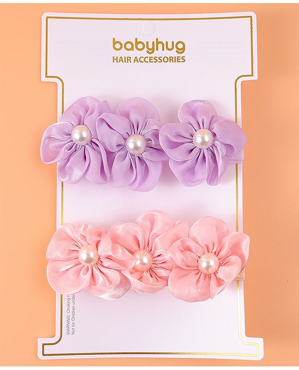 Babyhug Free Size Headbands With Floral Applique & Pearl Detailing - Purple & Pink