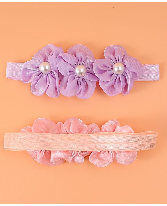 Babyhug Free Size Headbands With Floral Applique & Pearl Detailing - Purple & Pink