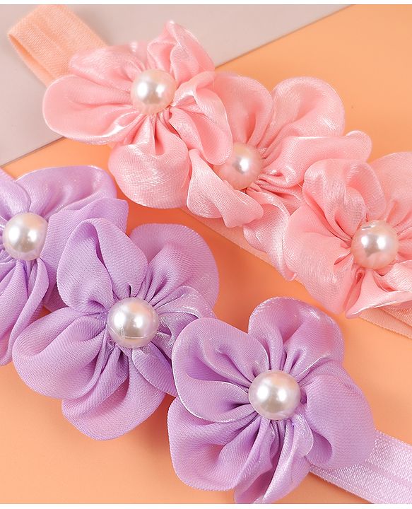 Babyhug Free Size Headbands With Floral Applique & Pearl Detailing - Purple & Pink