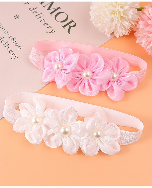 Babyhug Free Size Headbands With Floral Applique Pack Of 2 - Pink & Off White