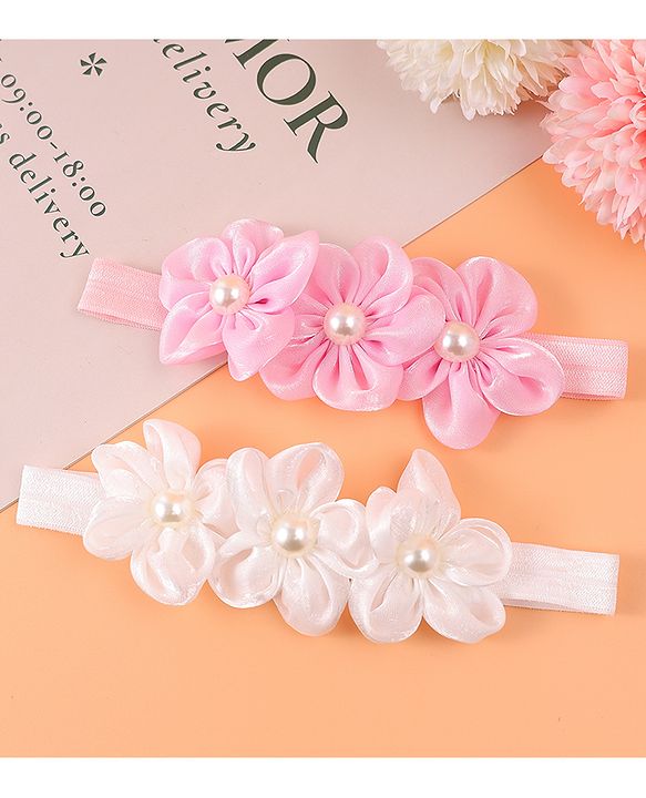 Babyhug Free Size Headbands With Floral Applique Pack Of 2 - Pink & Off White