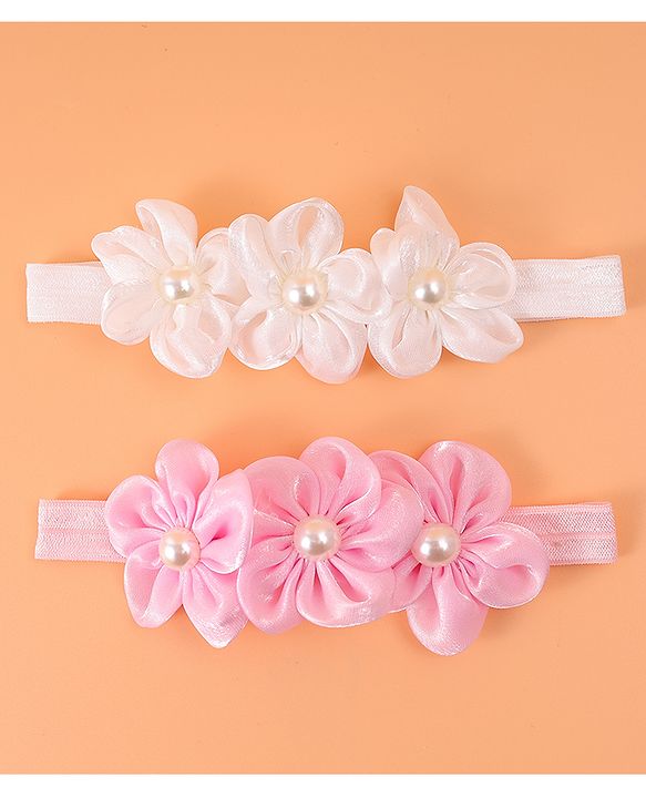 Babyhug Free Size Headbands With Floral Applique Pack Of 2 - Pink & Off White