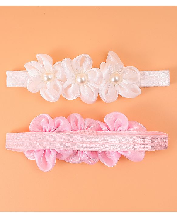 Babyhug Free Size Headbands With Floral Applique Pack Of 2 - Pink & Off White