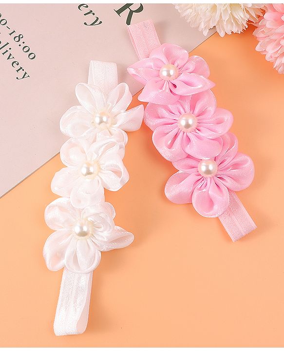 Babyhug Free Size Headbands With Floral Applique Pack Of 2 - Pink & Off White