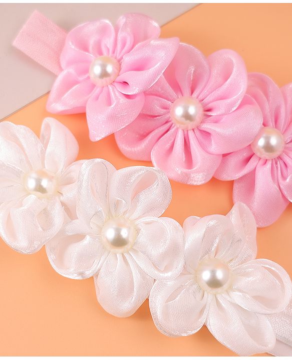 Babyhug Free Size Headbands With Floral Applique Pack Of 2 - Pink & Off White