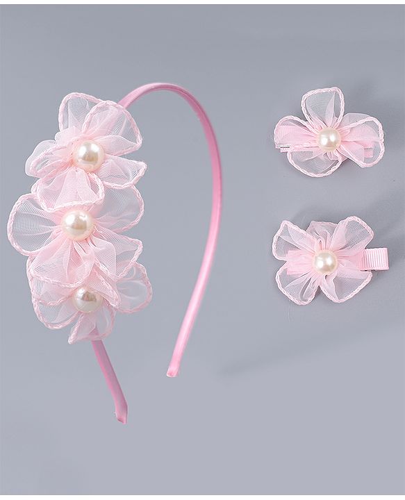 Babyhug Hair Clips & Hairband with Floral & Pearl Applique Accessories Combo Set - Light Pink