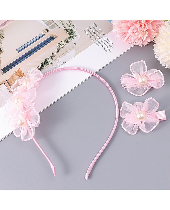 Babyhug Hair Clips & Hairband with Floral & Pearl Applique Accessories Combo Set - Light Pink