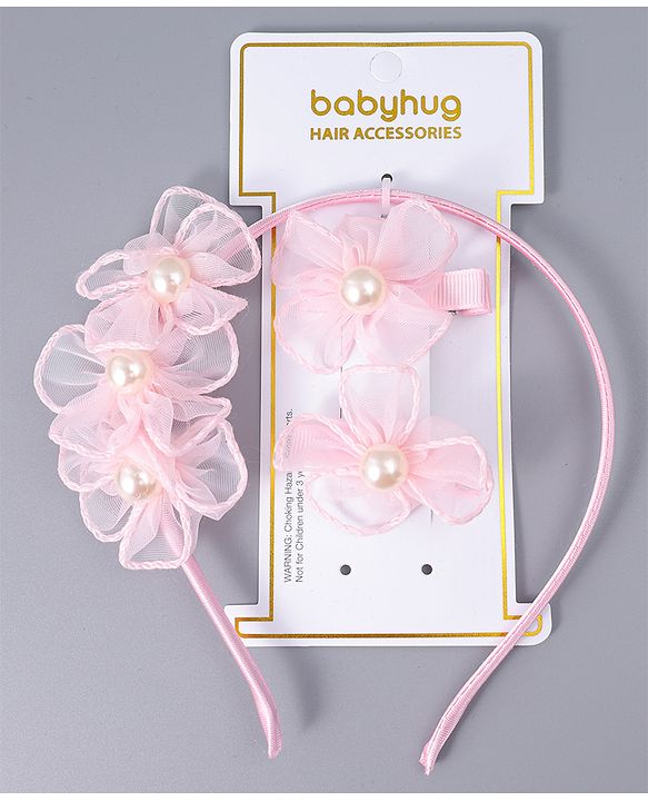 Babyhug Hair Clips & Hairband with Floral & Pearl Applique Accessories Combo Set - Light Pink