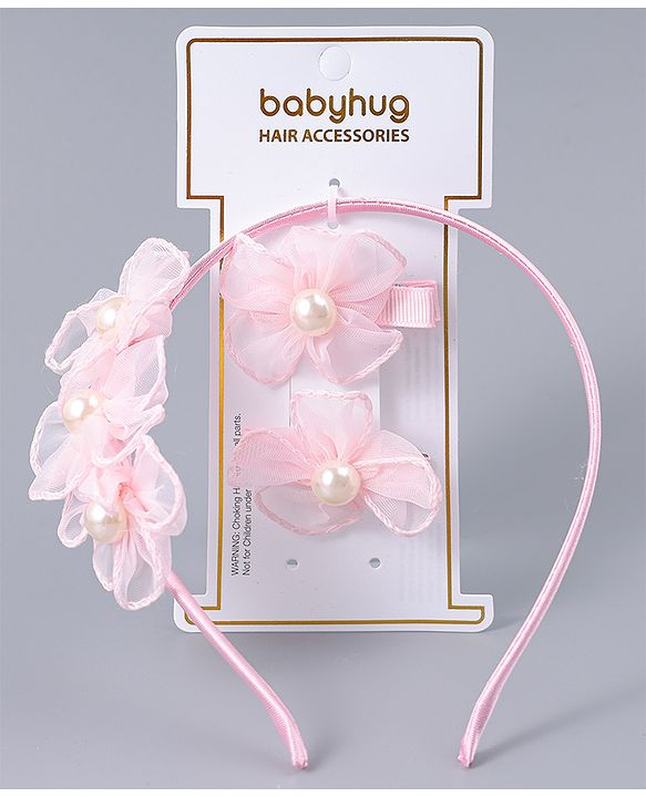 Babyhug Hair Clips & Hairband with Floral & Pearl Applique Accessories Combo Set - Light Pink