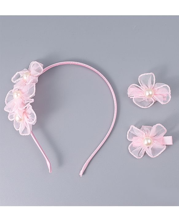 Babyhug Hair Clips & Hairband with Floral & Pearl Applique Accessories Combo Set - Light Pink