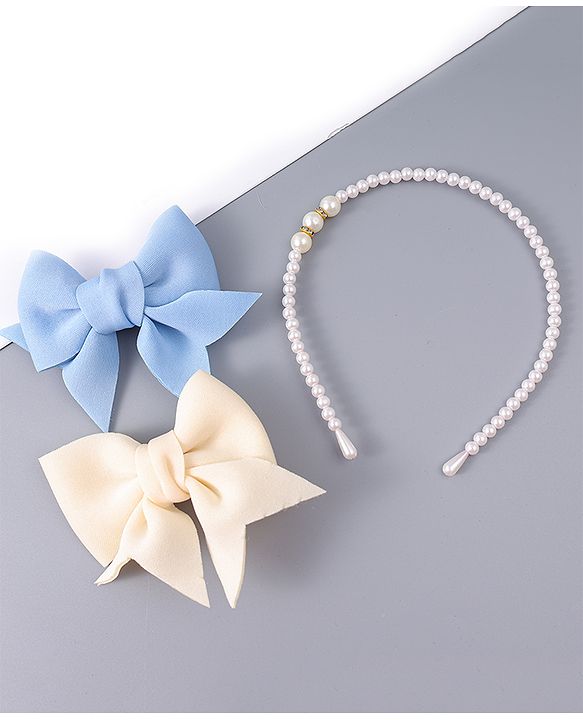 Pine Kids Pearl Hairband & Hair Clip with Bow Applique Accessories Combo Set - Light Blue & Cream