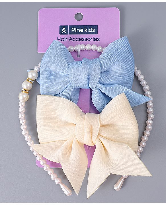 Pine Kids Pearl Hairband & Hair Clip with Bow Applique Accessories Combo Set - Light Blue & Cream