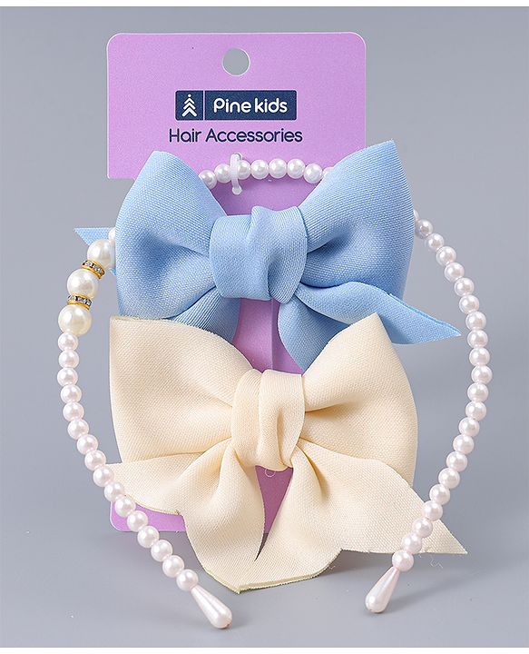 Pine Kids Pearl Hairband & Hair Clip with Bow Applique Accessories Combo Set - Light Blue & Cream