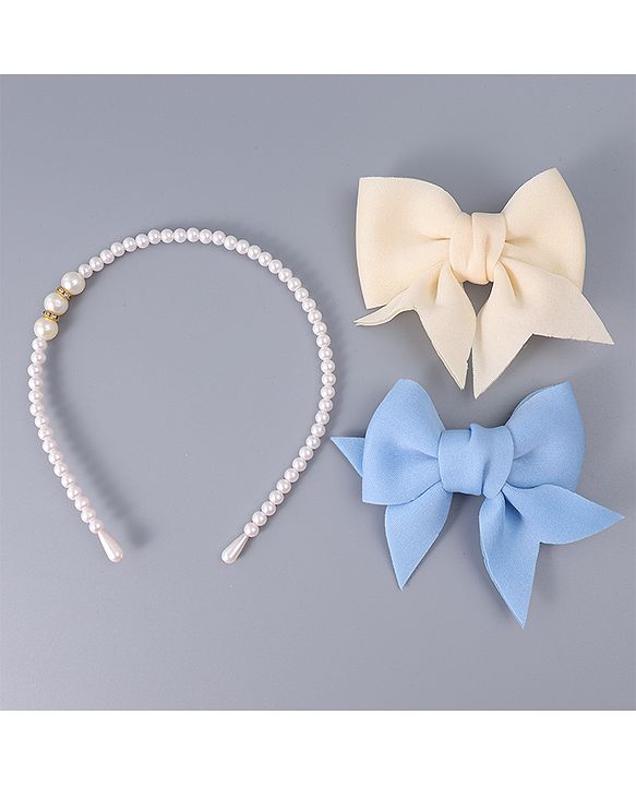 Pine Kids Pearl Hairband & Hair Clip with Bow Applique Accessories Combo Set - Light Blue & Cream