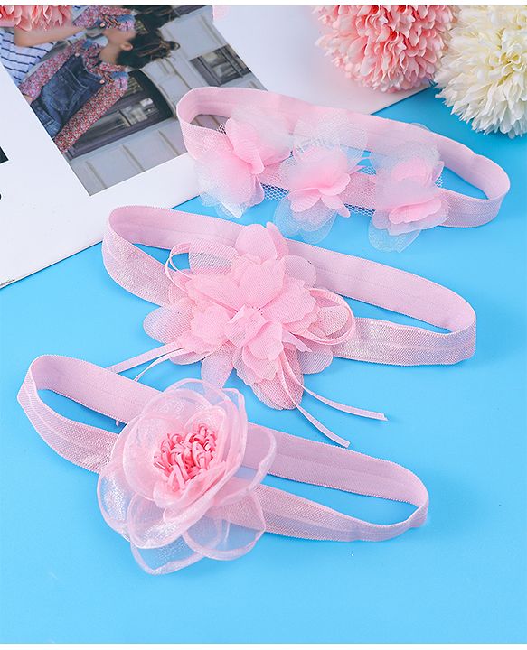 Babyhug Free Size Headbands With Floral Applique Pack Of 3 - Light Pink