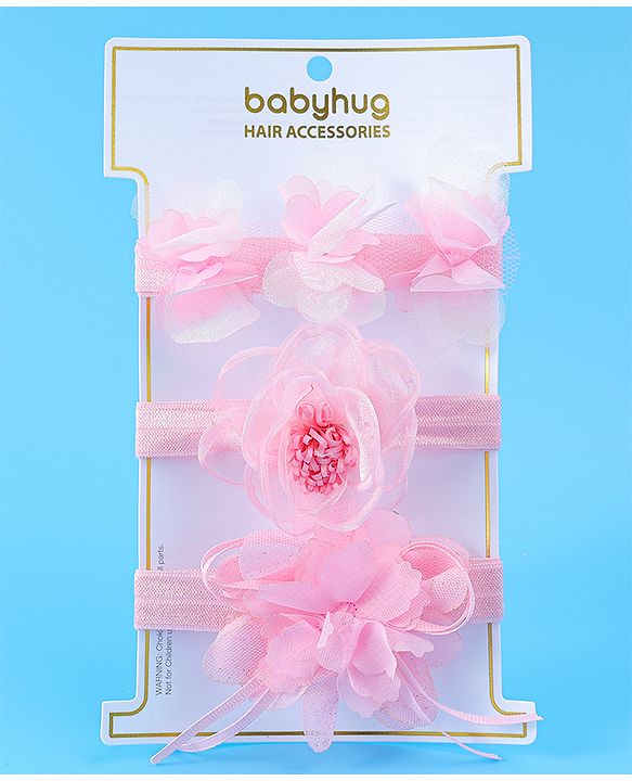 Babyhug Free Size Headbands With Floral Applique Pack Of 3 - Light Pink