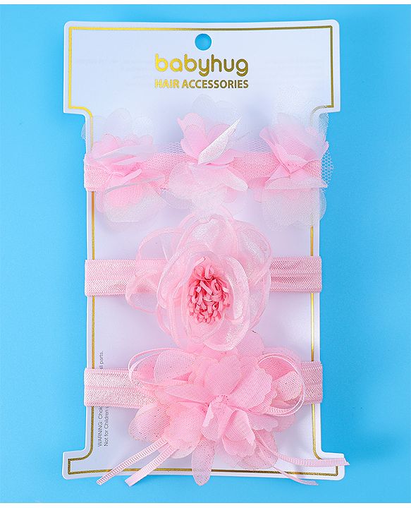 Babyhug Free Size Headbands With Floral Applique Pack Of 3 - Light Pink