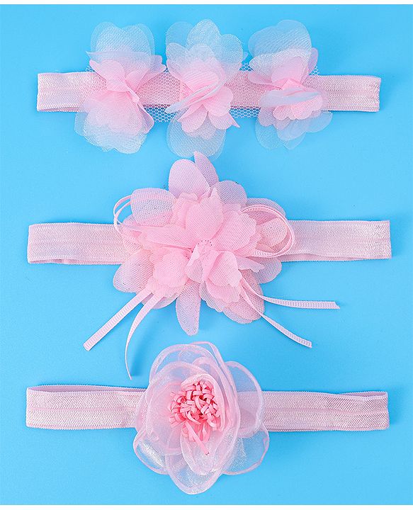 Babyhug Free Size Headbands With Floral Applique Pack Of 3 - Light Pink