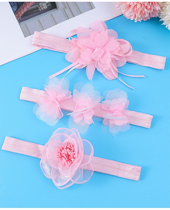 Babyhug Free Size Headbands With Floral Applique Pack Of 3 - Light Pink