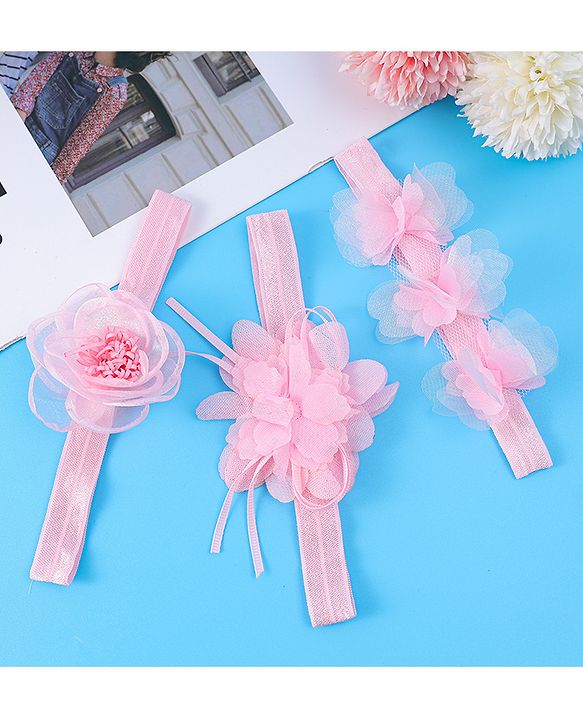 Babyhug Free Size Headbands With Floral Applique Pack Of 3 - Light Pink