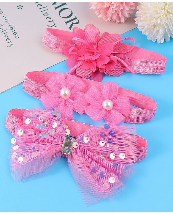 Babyhug Free Size Headbands With Floral & Bow Applique With Pearl Detailing Pack Of 3 - Fuchsia