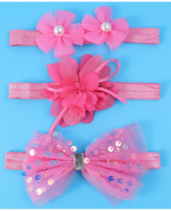 Babyhug Free Size Headbands With Floral & Bow Applique With Pearl Detailing Pack Of 3 - Fuchsia