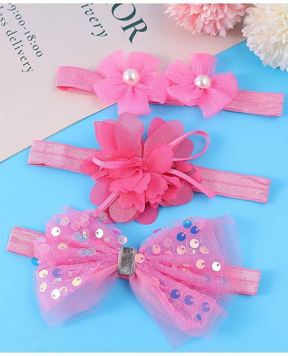 Babyhug Free Size Headbands With Floral & Bow Applique With Pearl Detailing Pack Of 3 - Fuchsia