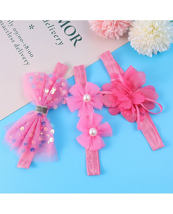 Babyhug Free Size Headbands With Floral & Bow Applique With Pearl Detailing Pack Of 3 - Fuchsia