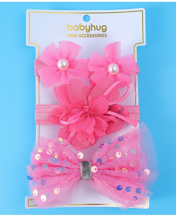 Babyhug Free Size Headbands With Floral & Bow Applique With Pearl Detailing Pack Of 3 - Fuchsia