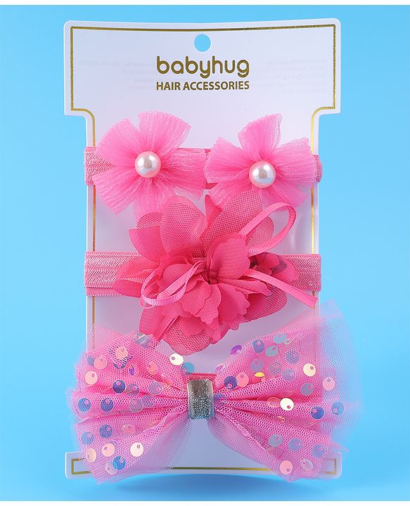 Babyhug Free Size Headbands With Floral & Bow Applique With Pearl Detailing Pack Of 3 - Fuchsia