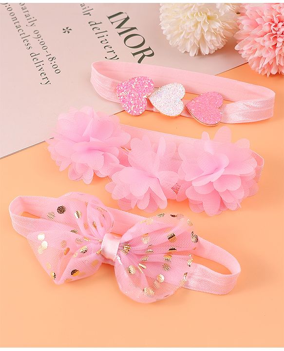 Babyhug Free Size Headbands With Floral Bow & Heart Applique Pack Of 3 - Pink