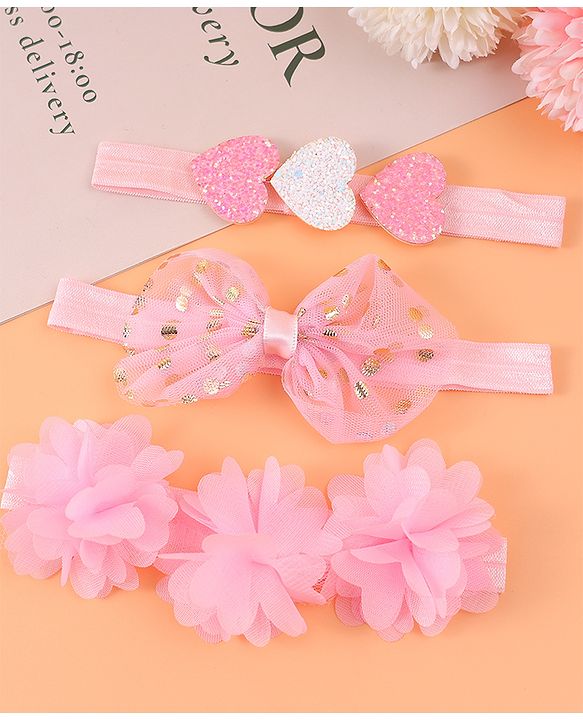 Babyhug Free Size Headbands With Floral Bow & Heart Applique Pack Of 3 - Pink