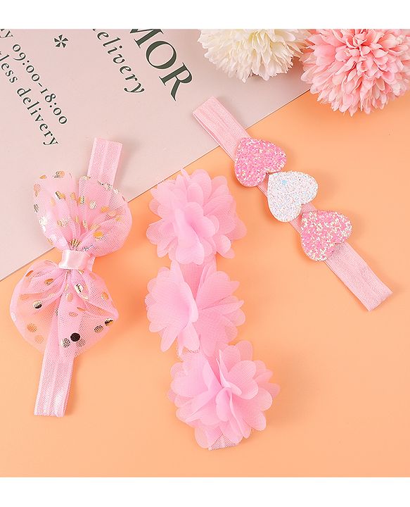 Babyhug Free Size Headbands With Floral Bow & Heart Applique Pack Of 3 - Pink