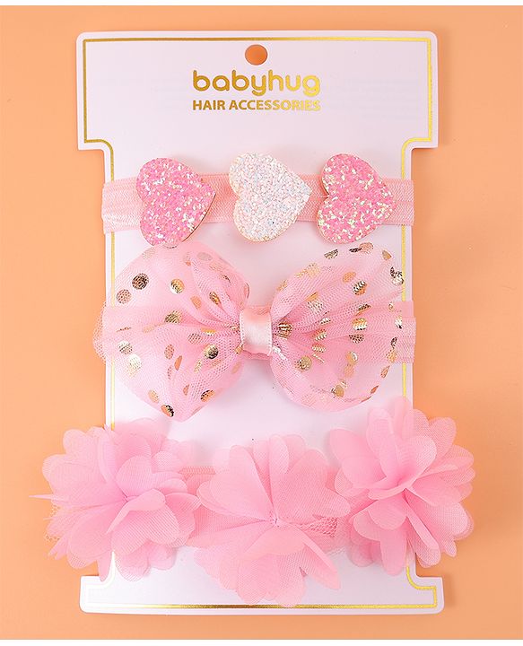 Babyhug Free Size Headbands With Floral Bow & Heart Applique Pack Of 3 - Pink