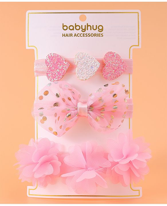 Babyhug Free Size Headbands With Floral Bow & Heart Applique Pack Of 3 - Pink