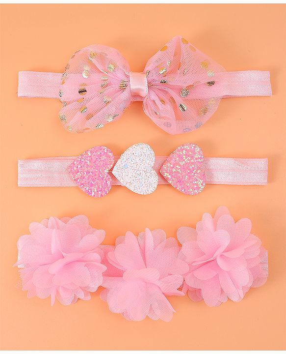 Babyhug Free Size Headbands With Floral Bow & Heart Applique Pack Of 3 - Pink