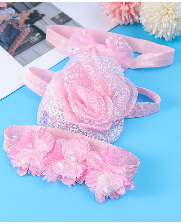 Babyhug Free Size Headbands With Floral & Bow Applique Pack Of 3 - Pink