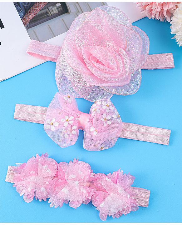 Babyhug Free Size Headbands With Floral & Bow Applique Pack Of 3 - Pink