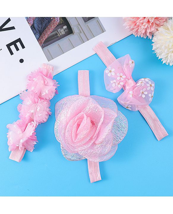 Babyhug Free Size Headbands With Floral & Bow Applique Pack Of 3 - Pink