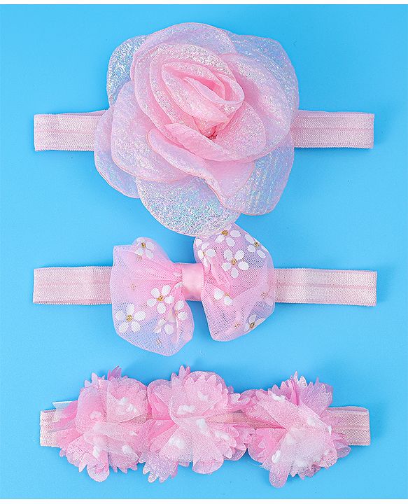 Babyhug Free Size Headbands With Floral & Bow Applique Pack Of 3 - Pink