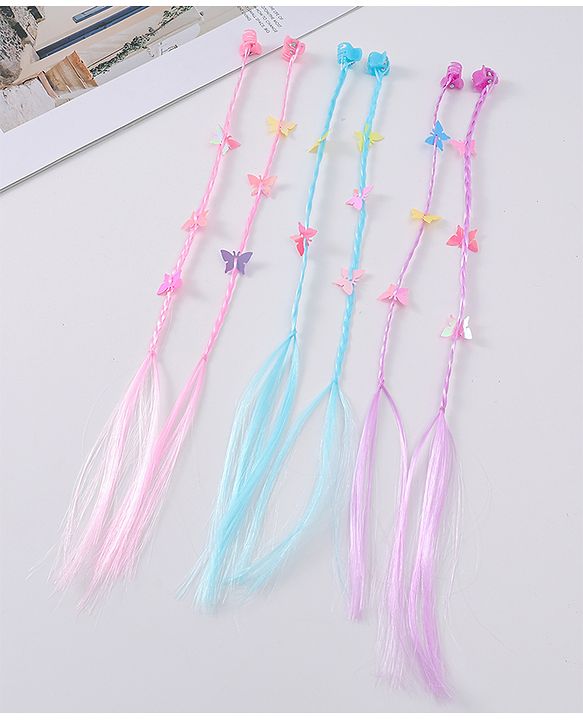 Babyhug Braided Hair Clip Extensions With Butterfly Applique Free Size Pack of 6 - Pink Blue Purple