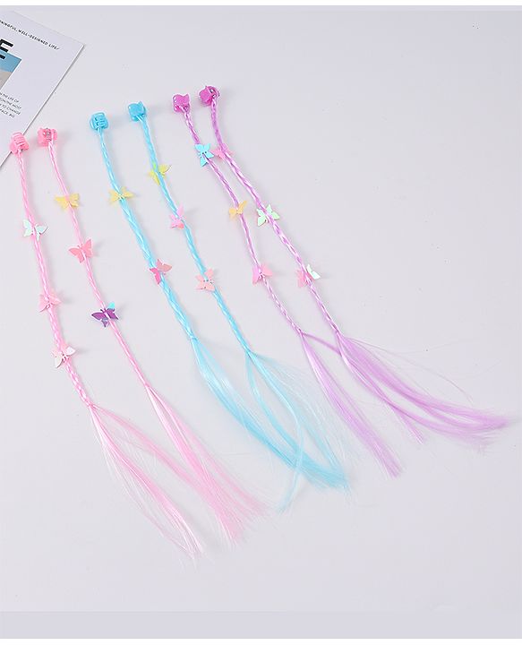 Babyhug Braided Hair Clip Extensions With Butterfly Applique Free Size Pack of 6 - Pink Blue Purple