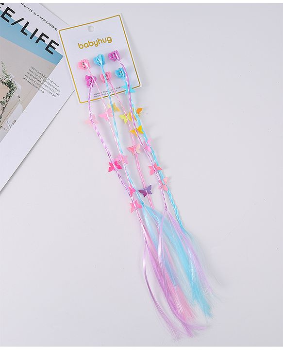 Babyhug Braided Hair Clip Extensions With Butterfly Applique Free Size Pack of 6 - Pink Blue Purple