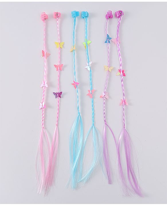 Babyhug Braided Hair Clip Extensions With Butterfly Applique Free Size Pack of 6 - Pink Blue Purple