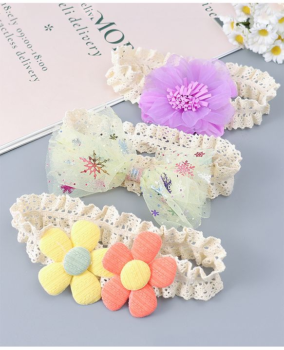 Babyhug Free Size Headbands With Floral & Bow Applique Pack of 3 - Multicolour
