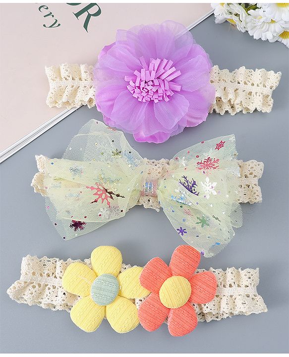 Babyhug Free Size Headbands With Floral & Bow Applique Pack of 3 - Multicolour