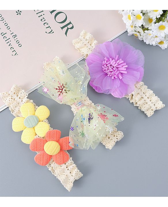 Babyhug Free Size Headbands With Floral & Bow Applique Pack of 3 - Multicolour