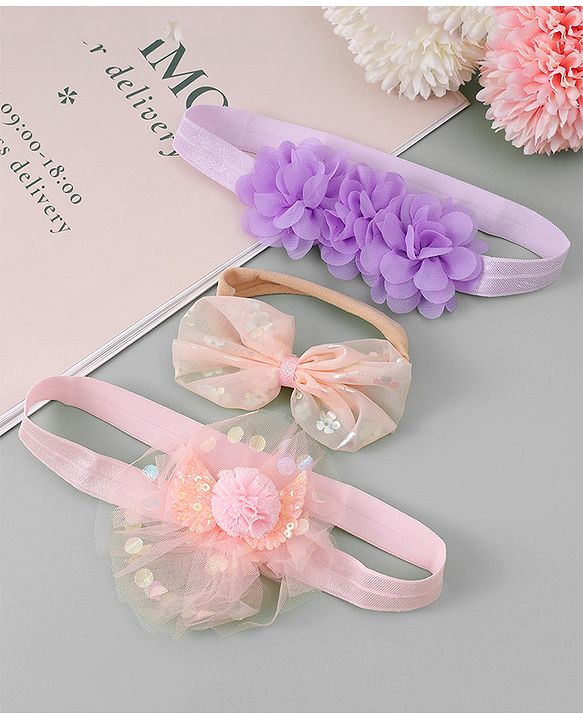 Babyhug Free Size Headbands With Floral & Bow Applique - Pink & Purple
