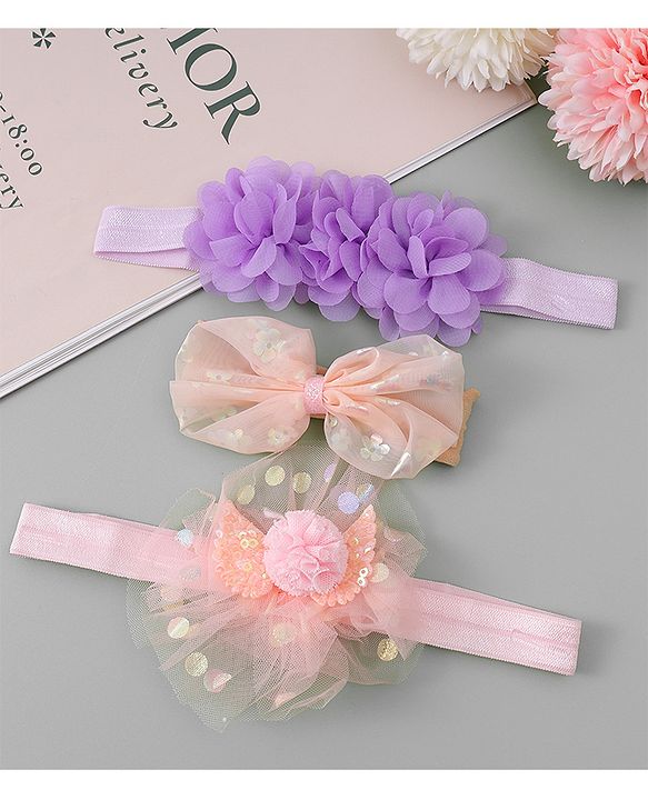 Babyhug Free Size Headbands With Floral & Bow Applique - Pink & Purple